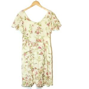 Marrika Nakk Floral Dress Ruffle Tiered Scoop Neck Cream Pink Bohemian Chic M